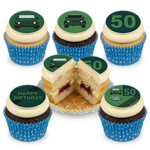 Cupcakes with green Land Rover vehicle toppers, tire tracks, 'Happy Birthday' message, and '50' age topper.