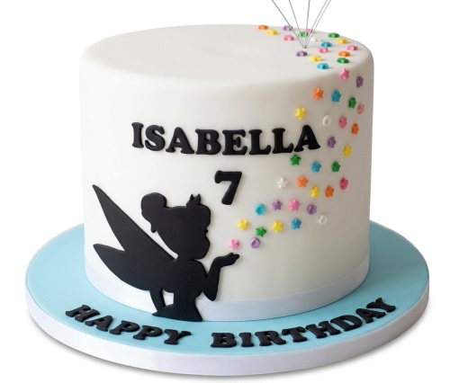White round birthday cake with black fairy silhouette, colourful stars, and custom age topper.