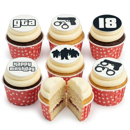 GTA themed cupcakes with game logo, gangster silhouettes, gun, handcuffs, and number topper.