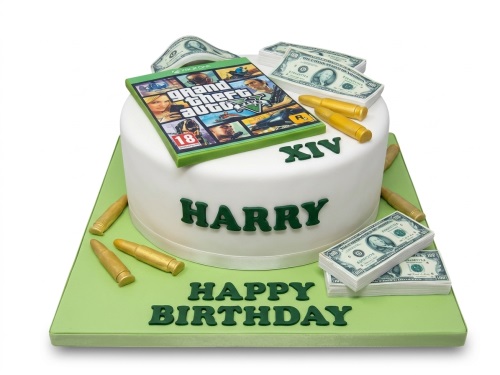 White fondant cake with Grand Theft Auto V game cover, dollar bills, and gold bullets. Custom age and name birthday cake.