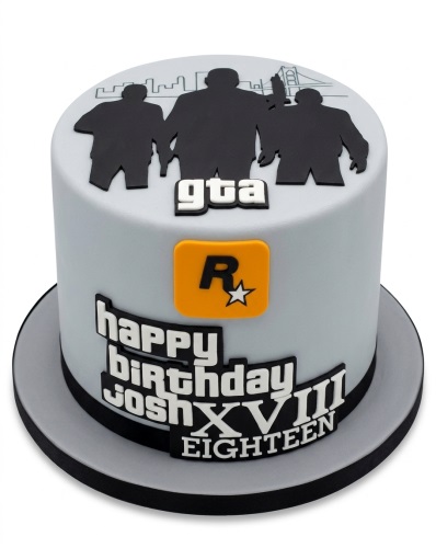 Grey GTA gaming birthday cake with character silhouettes and custom age