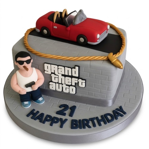 Two-tier Grand Theft Auto themed birthday cake with red car, character figurine, and custom age topper.