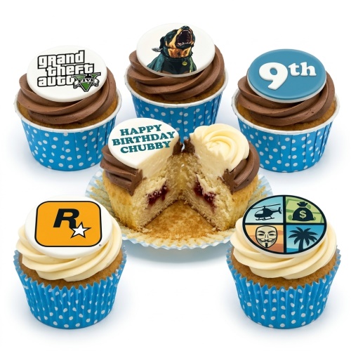 Grand Theft Auto themed birthday cupcakes with game logos, dog character, and custom age topper.
