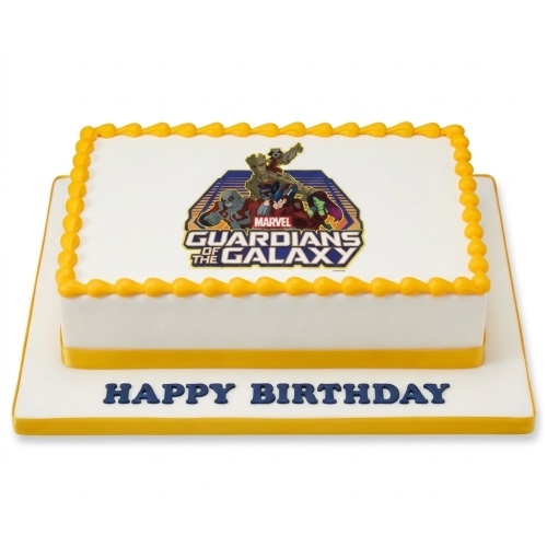 Rectangular white birthday cake with a Marvel Guardians of the Galaxy edible image and yellow piping.