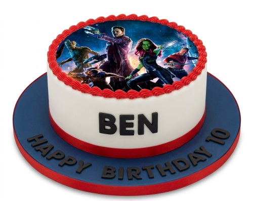 Round white Guardians of the Galaxy birthday cake with edible image, red trim, custom name, and age.