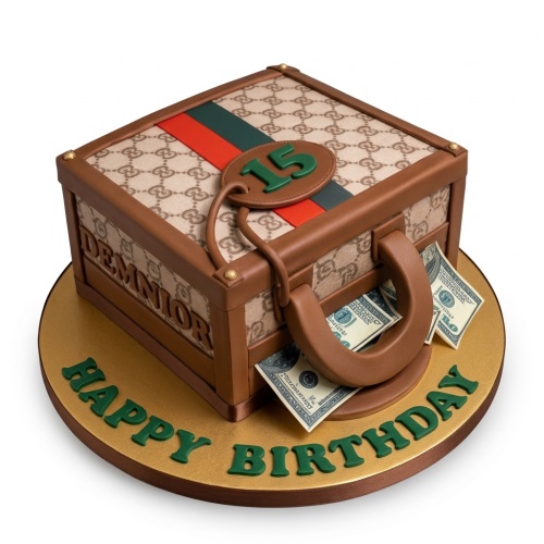 Brown designer-inspired suitcase birthday cake with red and green stripe, custom age tag, and edible money notes.