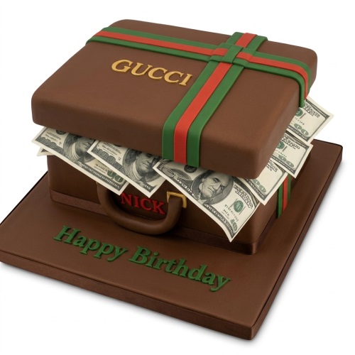 Brown briefcase cake with Gucci logo, red and green stripes, and edible dollar bills for a birthday.