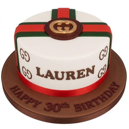 White round cake with red and green stripes, gold Gucci logo, and custom name and age.