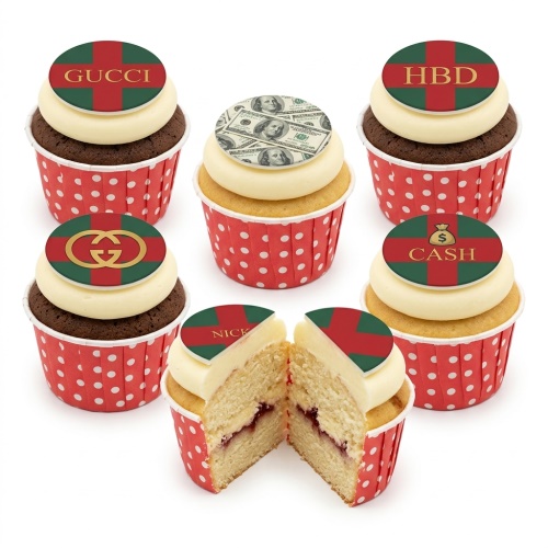Assortment of designer and money theme cupcakes with red and green toppers, some showing dollar bills and logos.