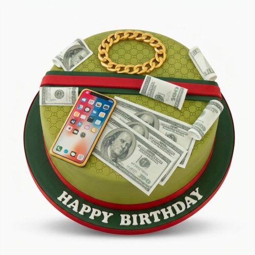 Round luxury Gucci birthday cake with edible dollar bills, gold chain, and a smartphone on a green designer pattern.