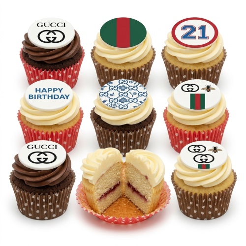 Gucci themed birthday cupcakes with iconic logos, stripes, bee, and custom age topper.