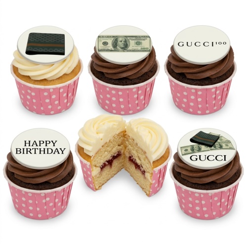 Cupcakes with Gucci logo, wallet, and money toppers, plus a 'Happy Birthday' message.
