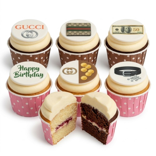 Gucci themed birthday cupcakes with money, wallet, and belt toppers on white frosting with 'Happy Birthday' message.