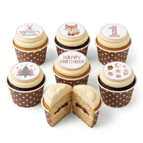Woodland animal themed birthday cupcakes with fox, bunny, trees, and custom age topper.