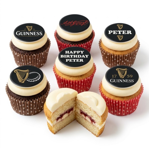 Guinness branded cupcakes with customisable black and gold toppers.