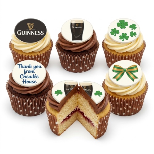 Cupcakes with Guinness logo, pint of Guinness, shamrock, and green gold bow toppers.
