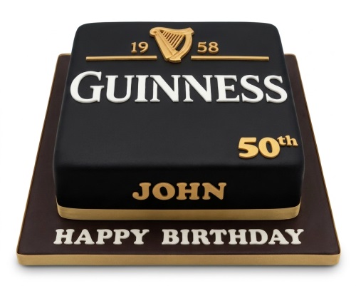 Square black Guinness themed birthday cake with gold harp logo, white "GUINNESS" text, and custom age and name.