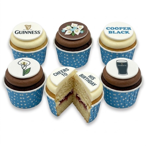 Six cupcakes with Guinness logos, pint glass, floral decorations, and 'Cheers to His Birthday' message.
