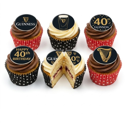 Six Guinness 40th birthday cupcakes with chocolate and vanilla frosting, featuring Guinness logos and "Happy 40th Birthday" toppers.