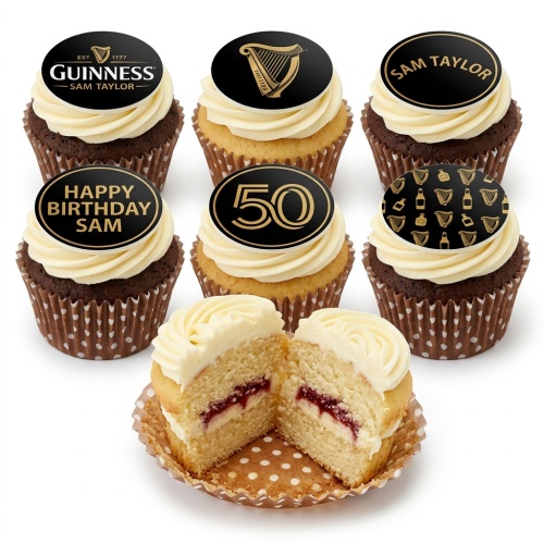 Guinness themed cupcakes with white frosting, black and gold toppers featuring Guinness logo, harp, and custom age/name examples.