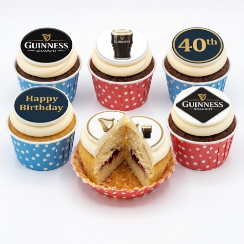 Guinness themed cupcakes with white frosting, Guinness logo, pint glass, Happy Birthday, and custom 40th age toppers.