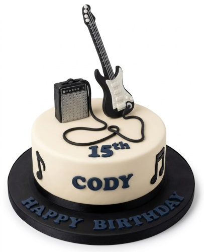 Round cream birthday cake with black edible guitar, amplifier, musical notes, and custom age topper.