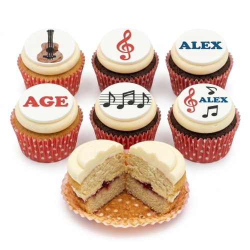 Set of music themed cupcakes with guitar, treble clef, and musical notes toppers, with custom age and name examples.