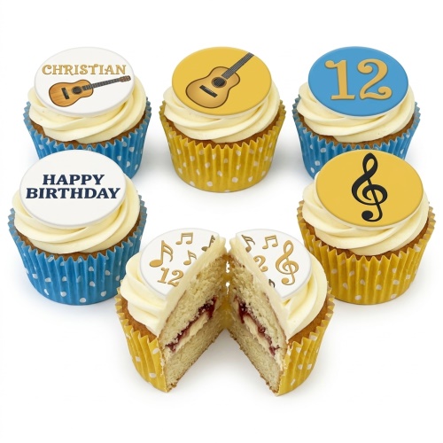 Six music theme birthday cupcakes with white frosting, guitar, music note, and custom age toppers in yellow and blue cases.