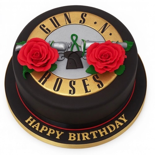 Round black and gold Guns N' Roses birthday cake with red roses, pistols, and 'Happy Birthday' message on the board.