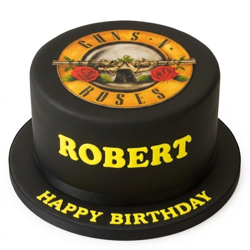 Round black birthday cake with yellow personalised text and a Guns N' Roses logo on top.