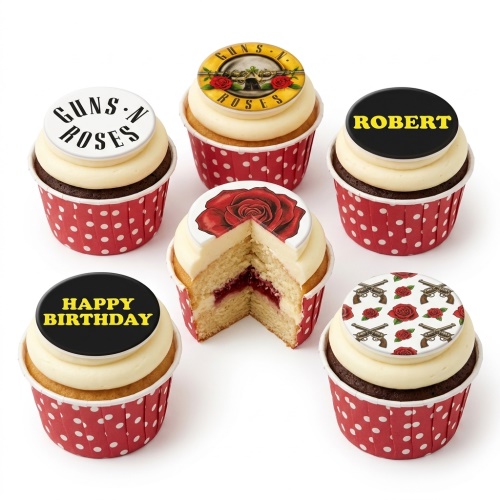 Guns N Roses themed cupcakes with band logos, red roses, guns, and custom 'Happy Birthday' and 'Robert' toppers.