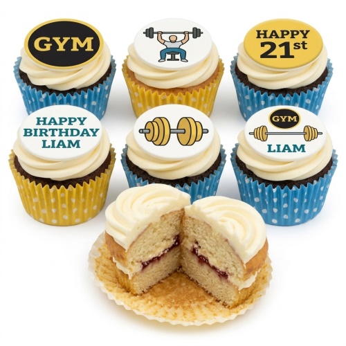 Selection of gym themed birthday cupcakes with weightlifting, barbell, and 'GYM' toppers, some with custom age and name examples.