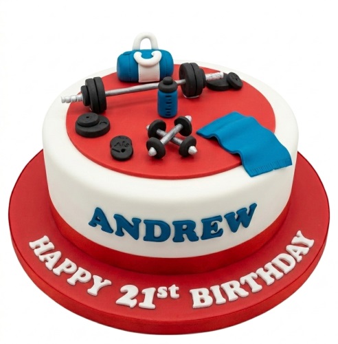 Round white and red gym theme birthday cake with edible weights, gym bag, and water bottle.