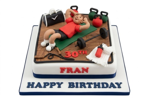 Two-tier gym theme birthday cake with male figure doing sit-ups, kettlebells, and barbell.