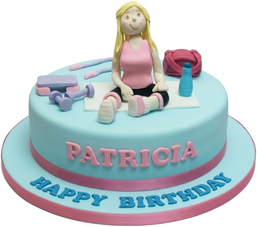 Round light blue fitness theme birthday cake with edible female figurine, dumbbells, and gym accessories.