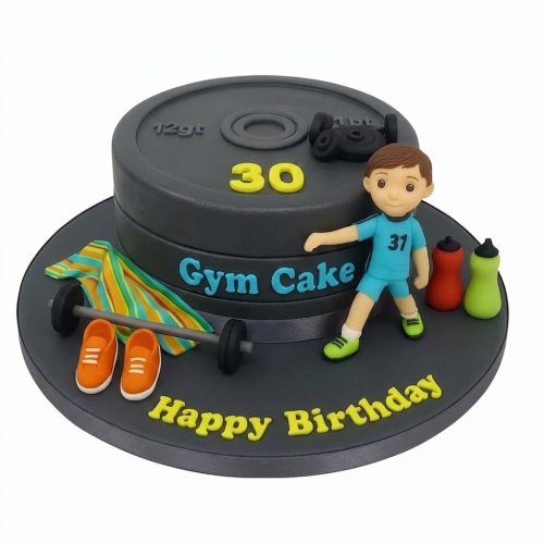 Gym theme birthday cake with weight plate design, male figurine, barbell, trainers, and custom age topper.