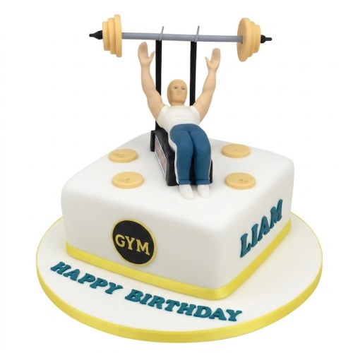 White square gym birthday cake with a weightlifter figure and 'GYM' logo.