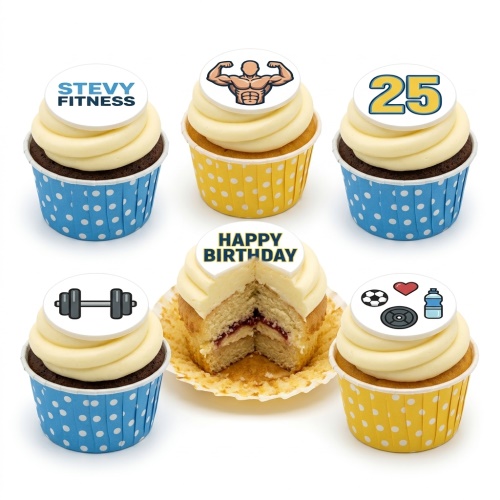 Set of six fitness theme cupcakes with white frosting, blue and yellow cases, featuring gym and sports icon toppers.