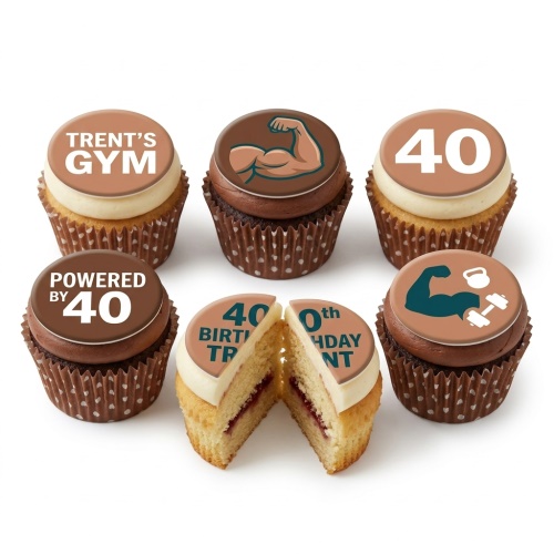 Gym themed birthday cupcakes with muscle, dumbbell, and kettlebell toppers, some with custom age.