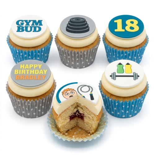 Six gym-themed cupcakes with various toppers including weights, water bottles, a custom age topper, and a personalised message.