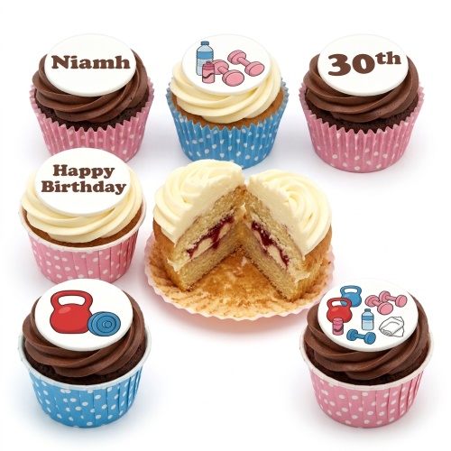 Set of six fitness theme birthday cupcakes with gym equipment toppers and custom age/message options.