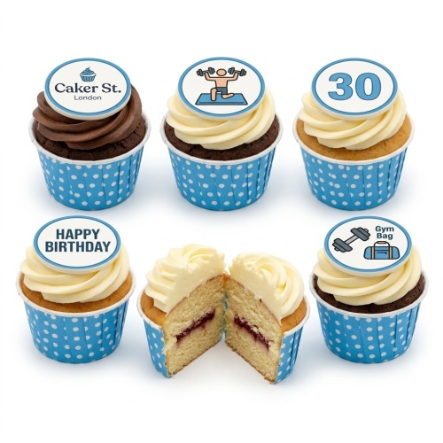 Selection of cupcakes with gym and fitness themed toppers, including a custom age topper and a 'Happy Birthday' message.