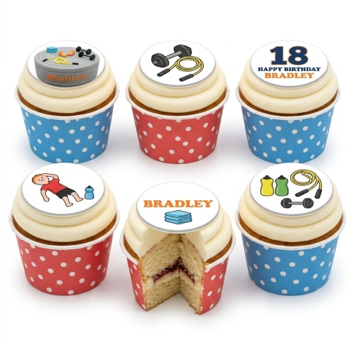 Gym themed cupcakes with various fitness equipment toppers and custom age option.