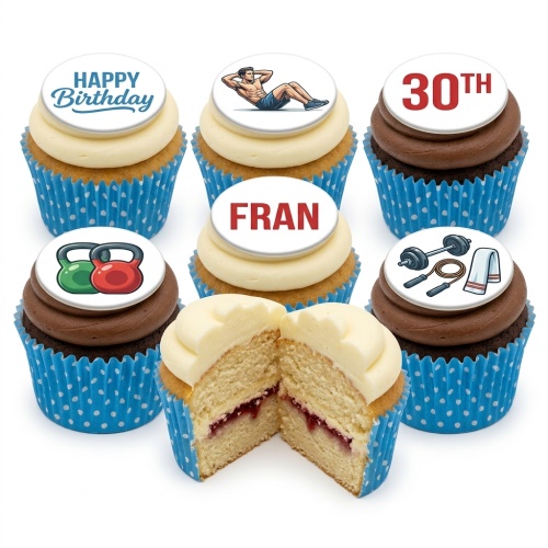 A set of gym theme birthday cupcakes with fitness equipment and workout designs.