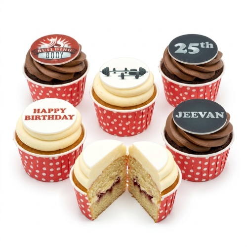 Gym theme birthday cupcakes with "Building Body" and dumbbell toppers, custom age "25th" and name "Jeevan" examples.