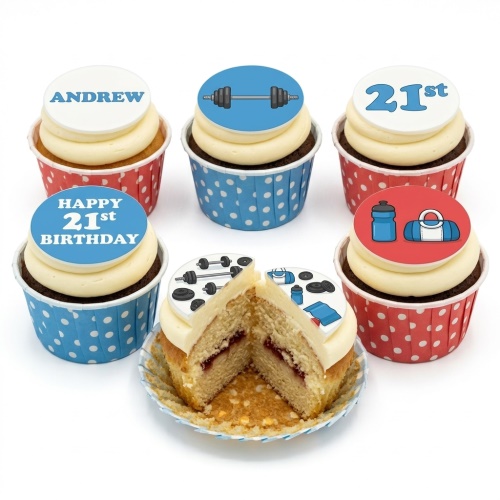 Gym theme birthday cupcakes with barbell, gym bag, and custom age toppers