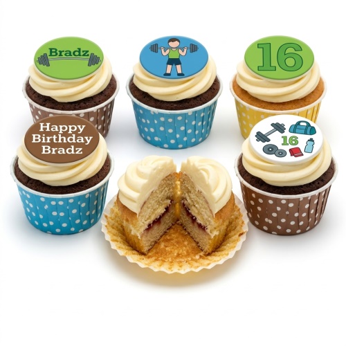 Gym theme cupcakes with weightlifter, barbell, and gym equipment toppers, with custom age option.