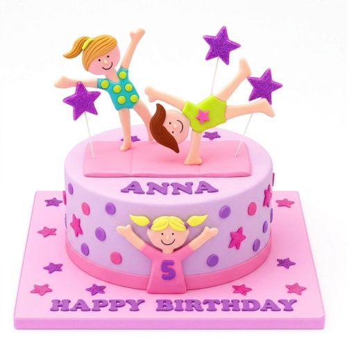Round pink and purple gymnastics themed birthday cake with girl figures, star decorations, and customisable name and age.