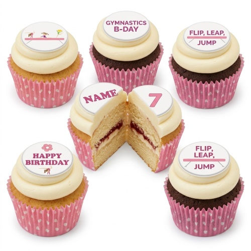 Selection of gymnastics themed birthday cupcakes with white frosting, pink wrappers, and edible toppers showing gymnasts, 'GYMNASTICS B-DAY', 'FLIP, LEAP, JUMP', 'HAPPY BIRTHDAY', a custom name, and a custom age topper.
