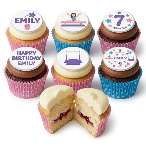 Gymnastics themed birthday cupcakes with girl on beam, uneven bars, stars, and custom age/name toppers.